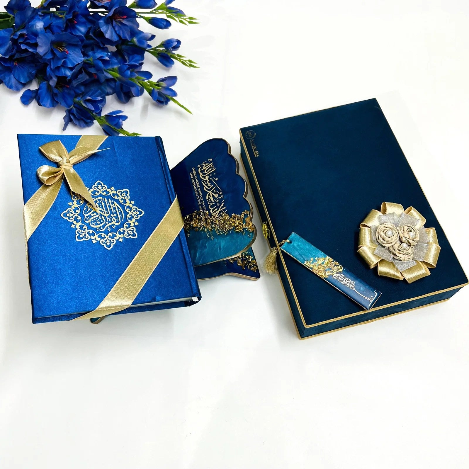 Al-Hadaya Luxury Quran Gift Set – Velvet Quran, Resin Rahel, and Bookmark in Midnight Blue