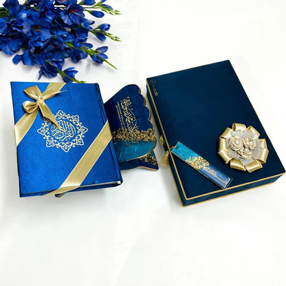 Al-Hadaya Luxury Quran Gift Set – Velvet Quran, Resin Rahel, and Bookmark in Midnight Blue