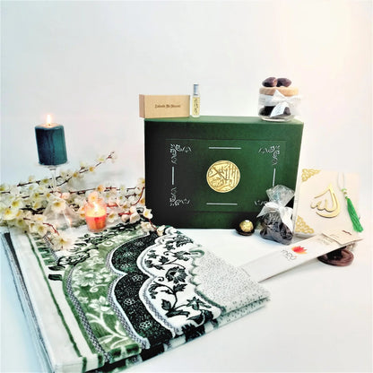 Olive green luxury Quran and prayer mat gift set with tasbih, dates, and attar
