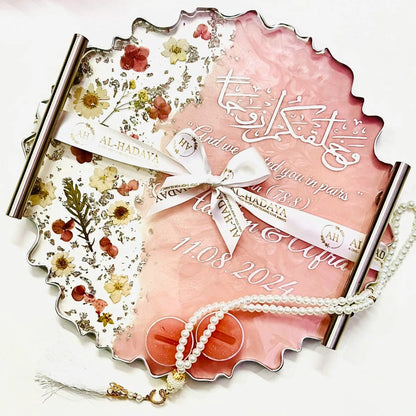 Custom Islamic engagement tray with resin design and matching flowers.