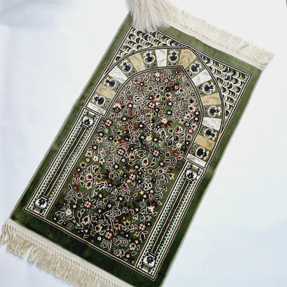 Luxury Turkish chenille prayer rug with elegant floral design.