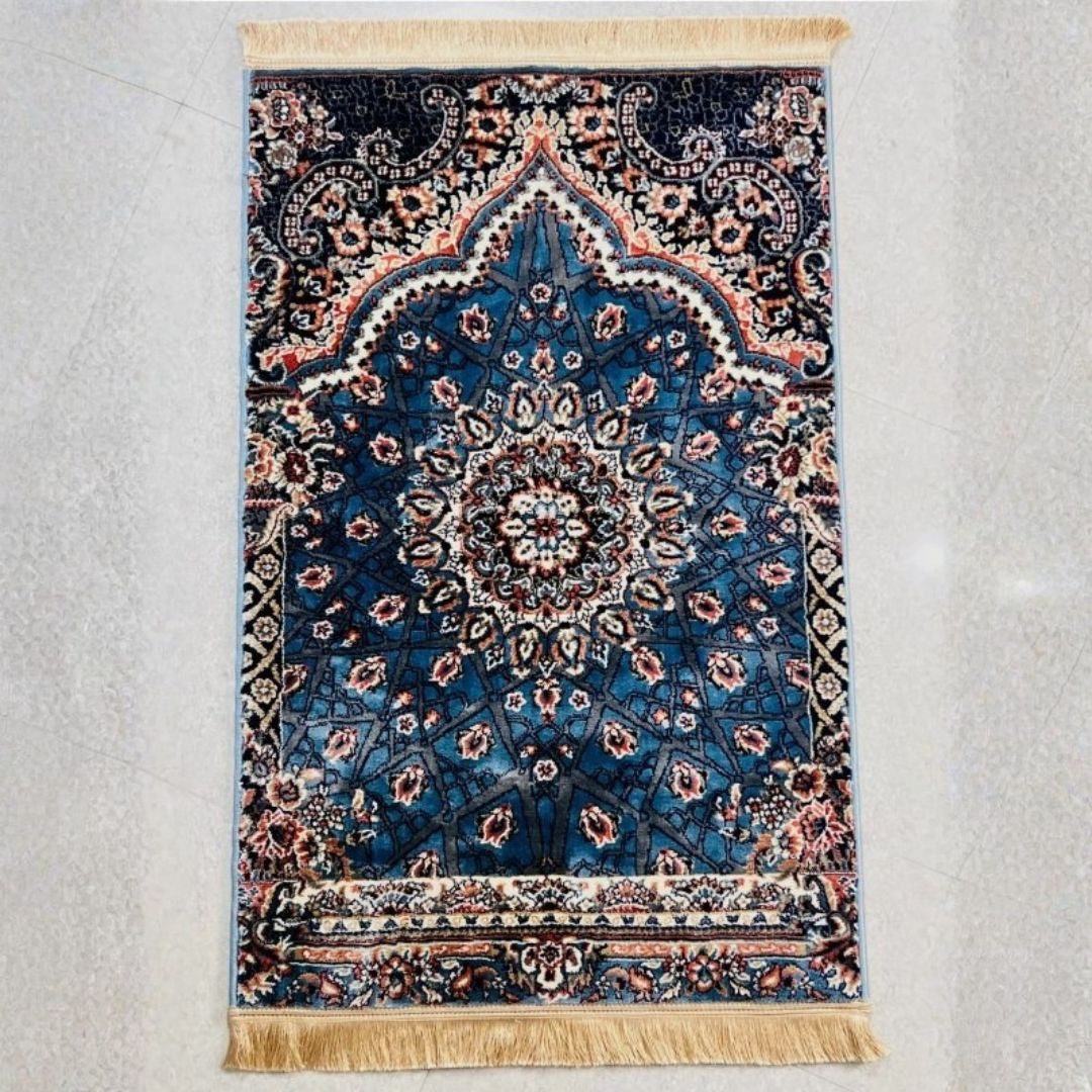 Blue Turkish velvet prayer mat with soft double plush texture.