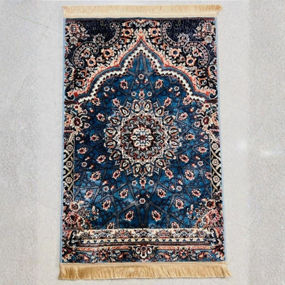 Blue Turkish velvet prayer mat with soft double plush texture.
