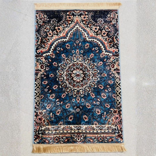 Blue Turkish velvet prayer mat with soft double plush texture.