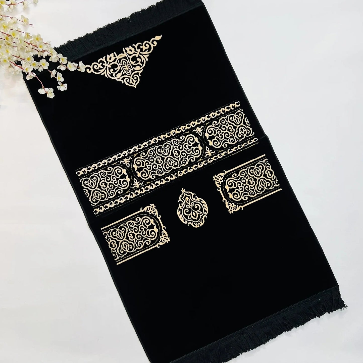 Luxury woven chenille Islamic prayer rug with Kiswa al Kaaba design in black and gold