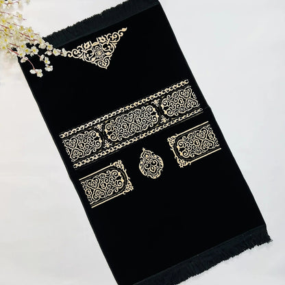 Luxury woven chenille Islamic prayer rug with Kiswa al Kaaba design in black and gold