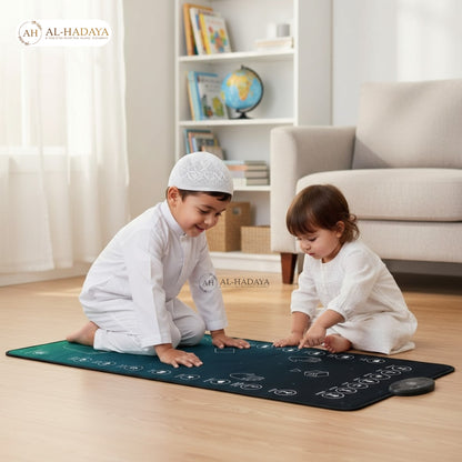 MY SALAH interactive smart prayer mat displayed on a flat surface with light indicators and audio panel visible.
