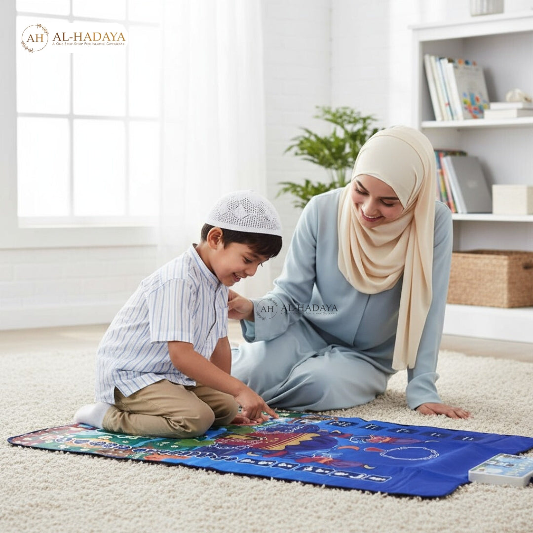 digital Interactive kids prayer mat with touch buttons and colorful Salah guidance icons.
