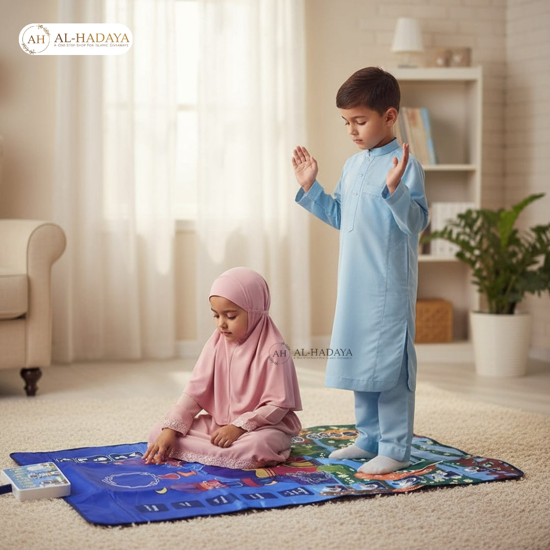 MY SALAH kids interactive Sajadah with 7-language guidance and volume control buttons.