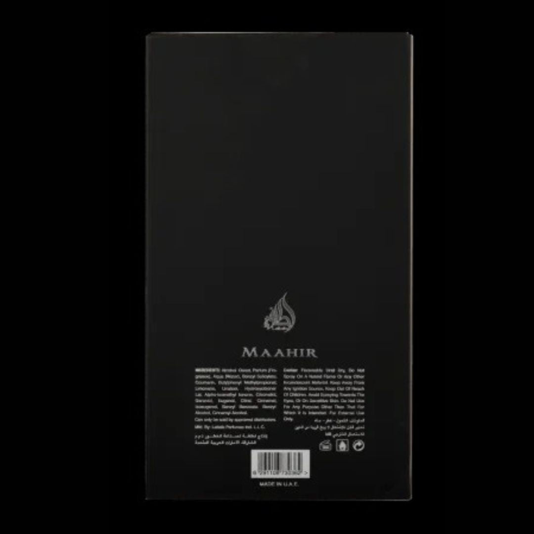 Maahir Black Edition fragrance bottle with woody and musky scent profile.