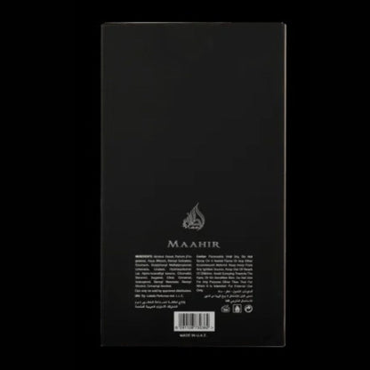Maahir Black Edition fragrance bottle with woody and musky scent profile.