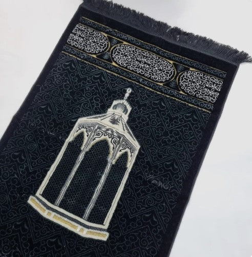Luxury Woven Chenille Islamic Prayer Rug Kaba Intricate Design -Black Swirl