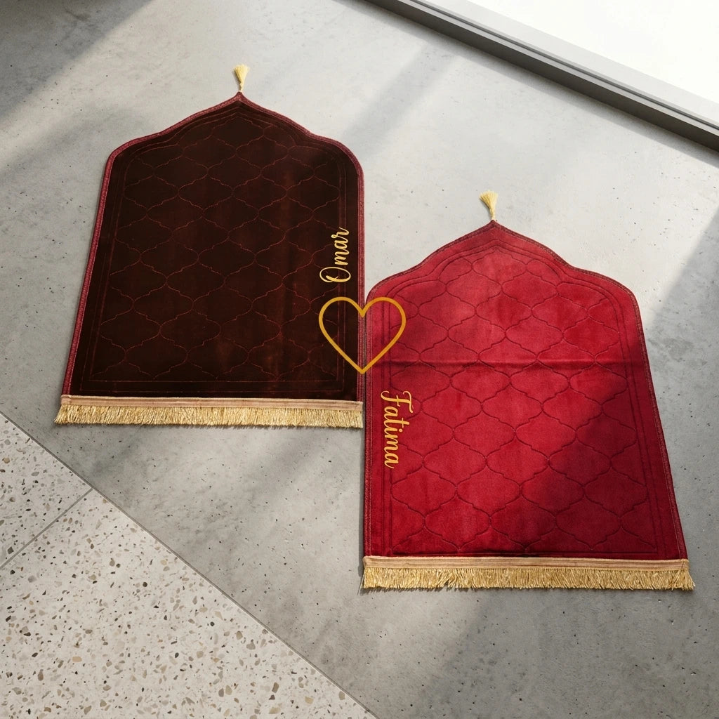 Personalized Maroon Velvet Couple Prayer Mat Set with Gold Calligraphy