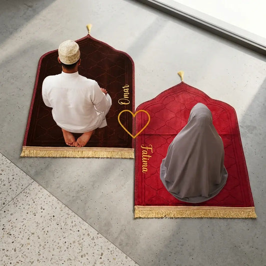 Personalized Maroon Velvet Couple Prayer Mat Set with Gold Calligraphy