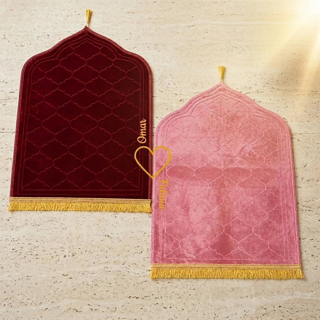 Personalized Maroon and Pink Velvet Couple Prayer Mat Set with Gold Calligraphy