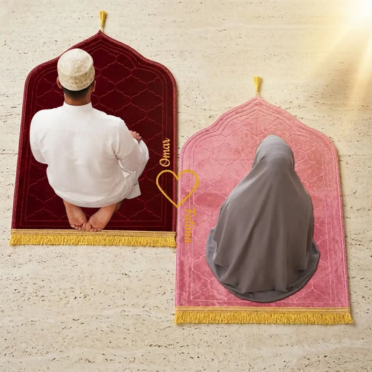 Personalized Maroon and Pink Velvet Couple Prayer Mat Set with Gold Calligraphy