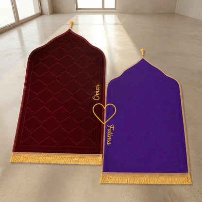 Personalized Maroon and Purple Velvet Couple Prayer Mat Set with Gold Calligraphy