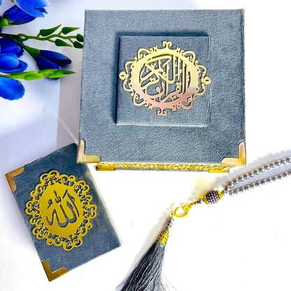 Mini Grey Quran set in velvet box – perfect Islamic favor gift.