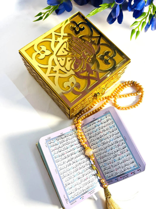 Personalized velvet Quran box with 99 beads tasbih for Eid or wedding gift.