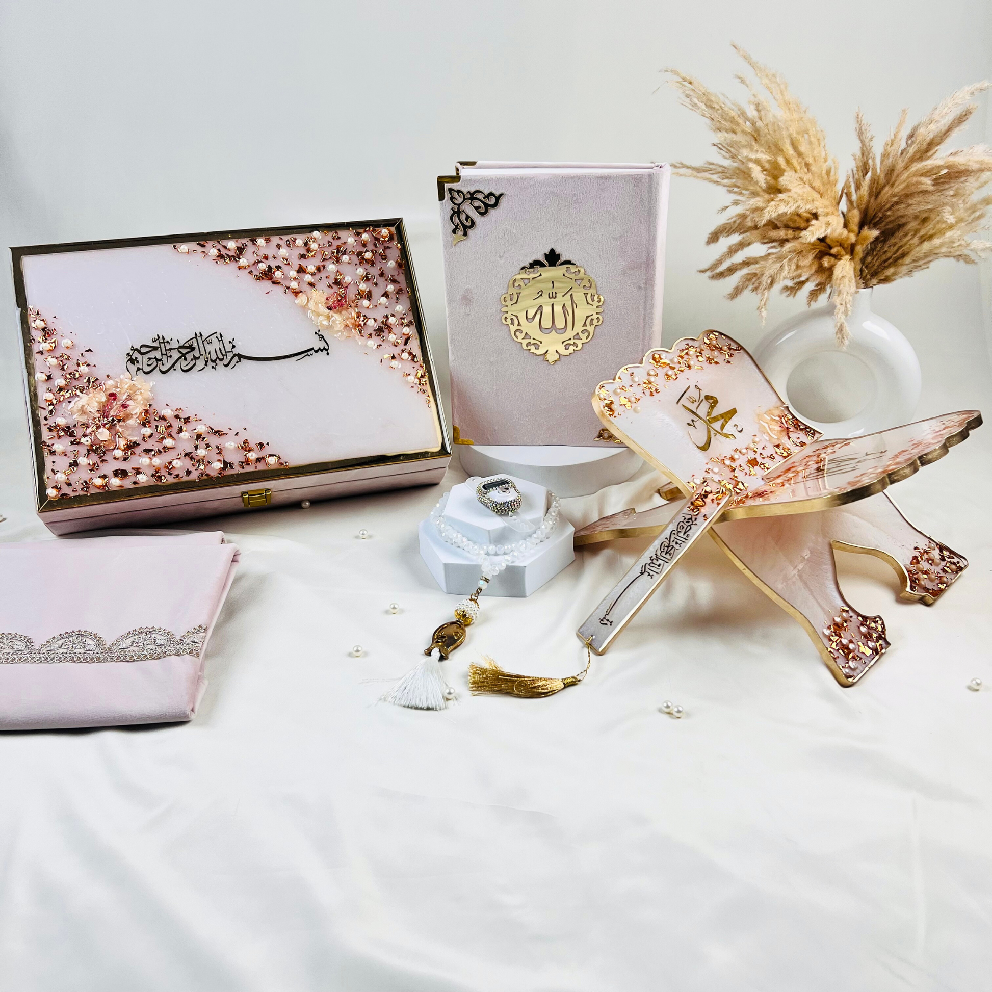 Misty Rose Barkat-e-Jariyah resin Quran hamper, luxury Islamic prayer essentials gift set including velvet Quran, handmade prayer mat, resin rehal, tasbih, bookmark, and personalized velvet box
