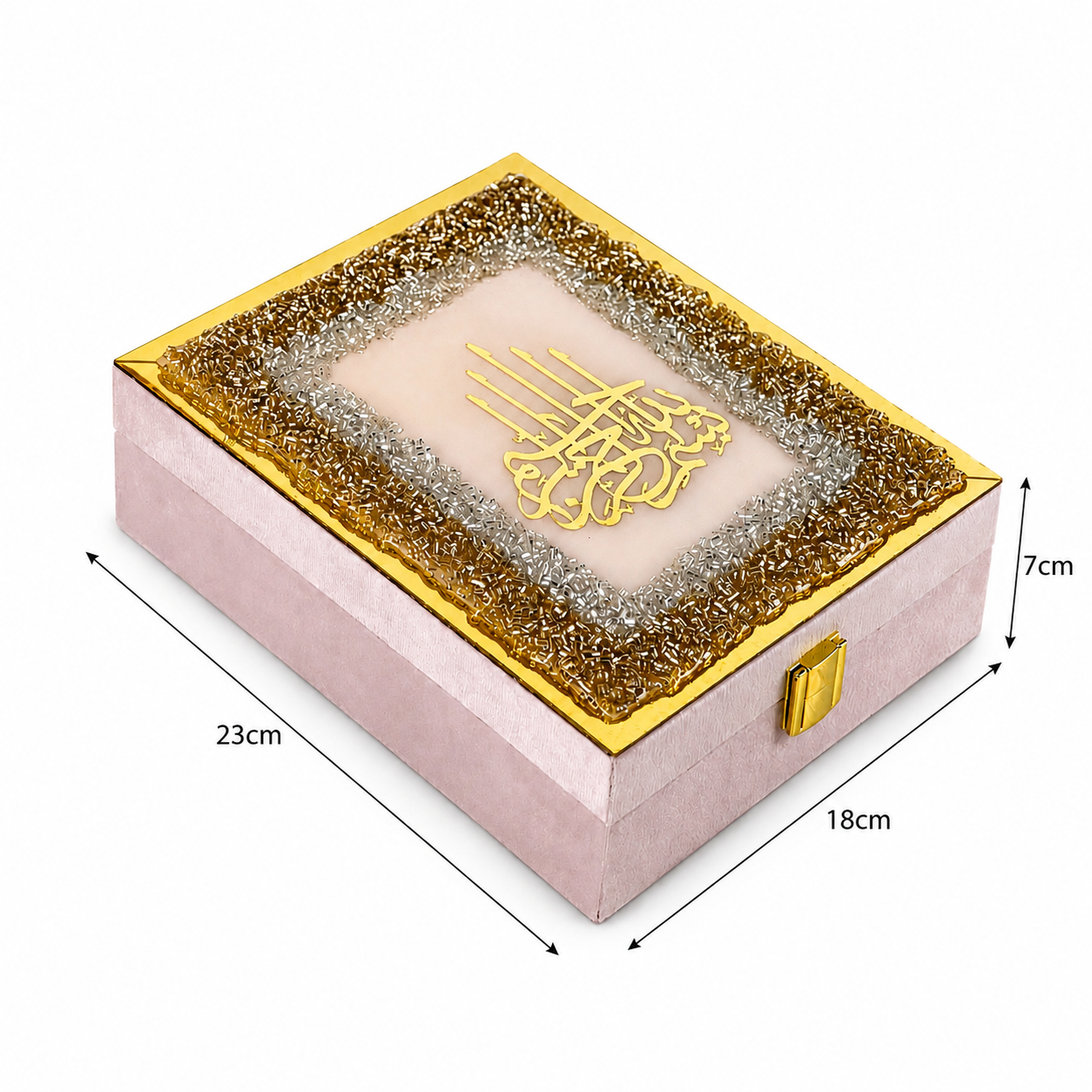 An open dusty pink keepsake box set displayed on a white background with promotional text on the left.
