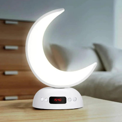 Crescent moon Quran speaker with azan clock and LED color light – smart Islamic lamp.