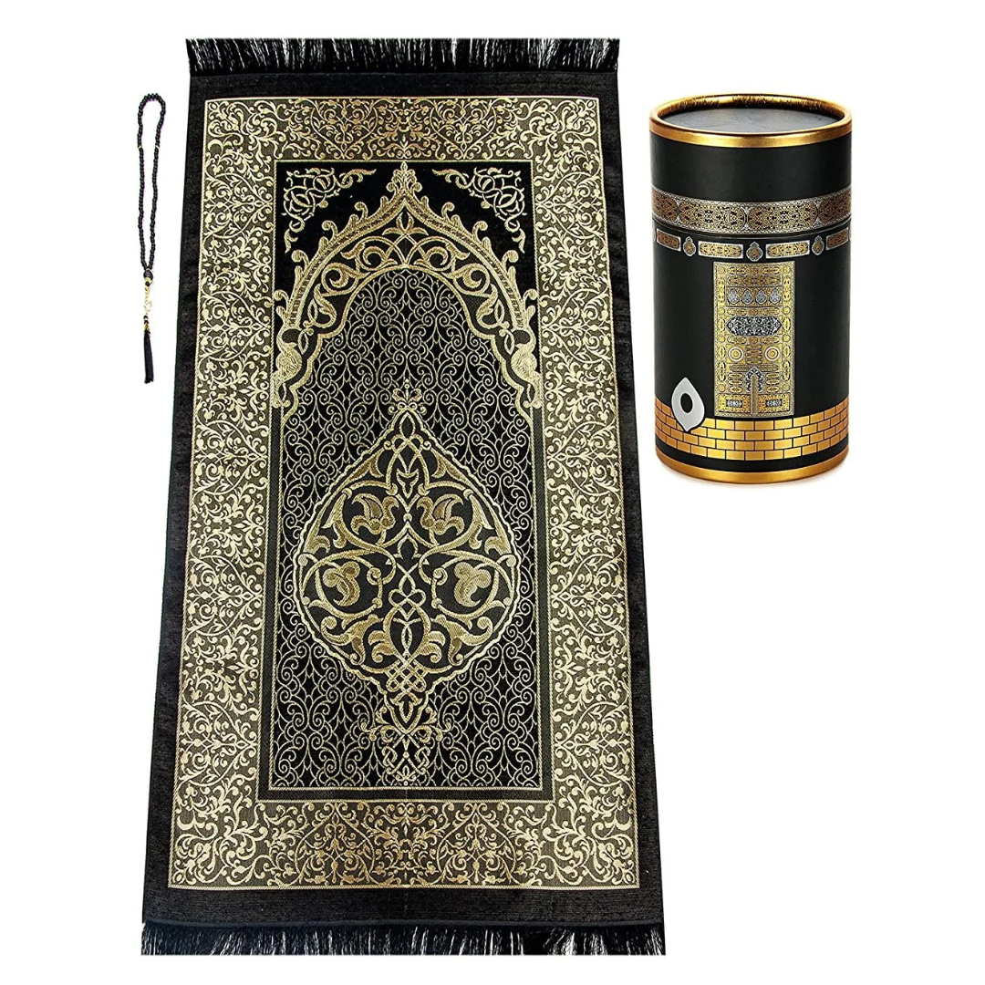 travel prayer mat, Elegant Kaaba inspired prayer gift set – premium prayer mat & tasbih in cylinder box. A perfect Islamic gift, Turkish quality.