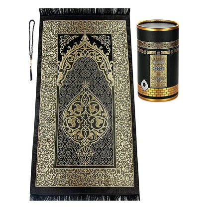 travel prayer mat, Elegant Kaaba inspired prayer gift set – premium prayer mat & tasbih in cylinder box. A perfect Islamic gift, Turkish quality.