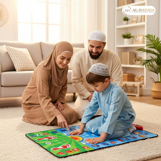 Parents teaching to their kid how to use My Sajadah adult Salah mat with multilingual recitations and light-guided Salah positions.
