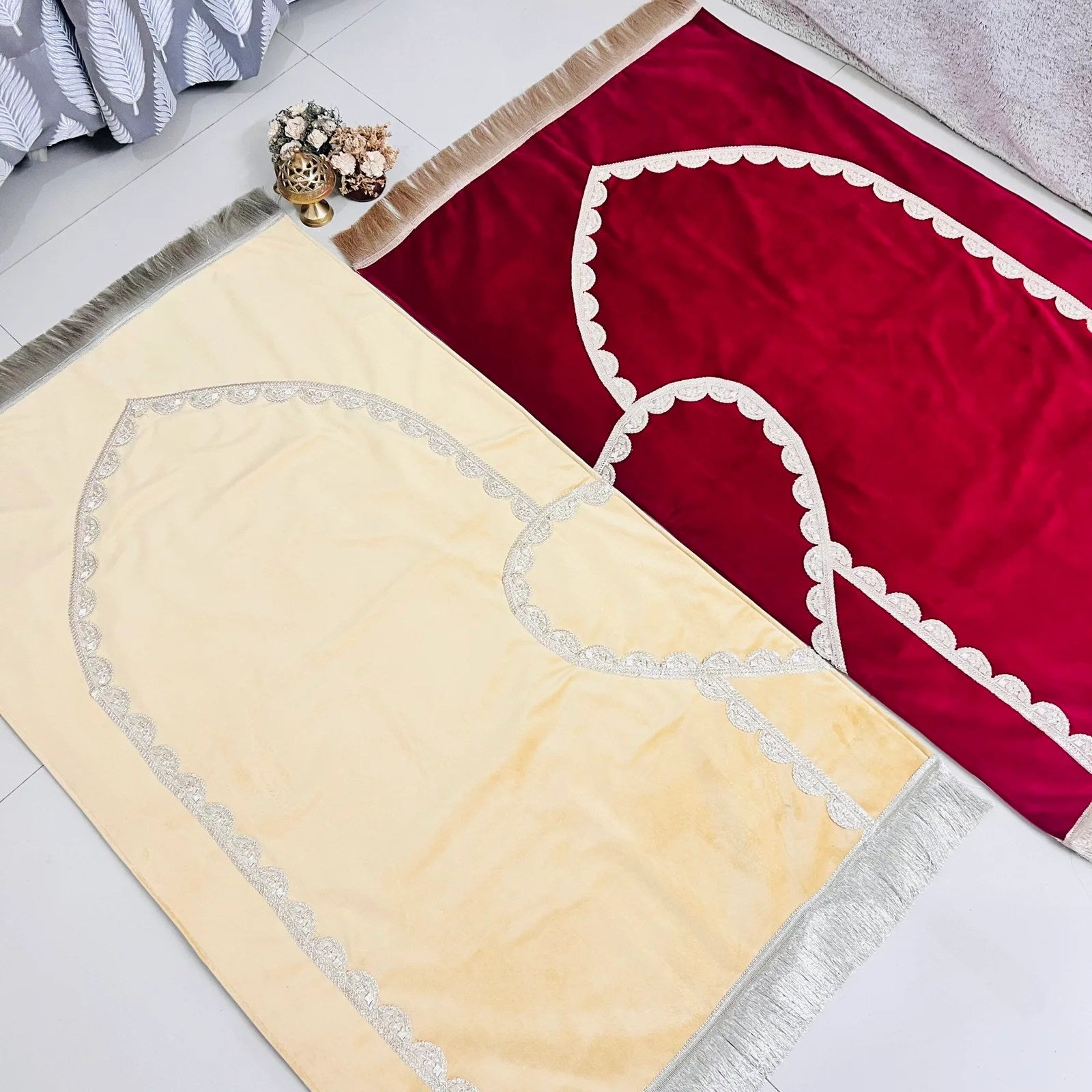 Luxury Couple Prayer Rug Set – soft velvet mats with intricate lace detailing, golden and maroon