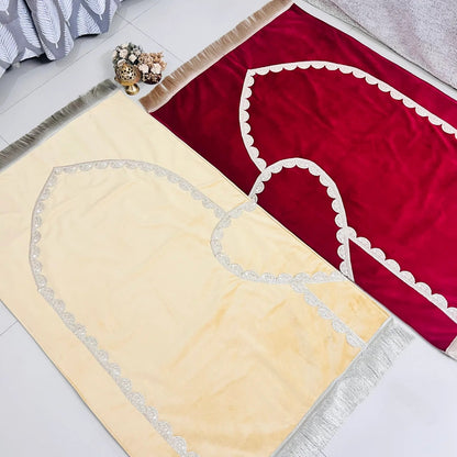 Luxury Couple Prayer Rug Set – soft velvet mats with intricate lace detailing, golden and maroon