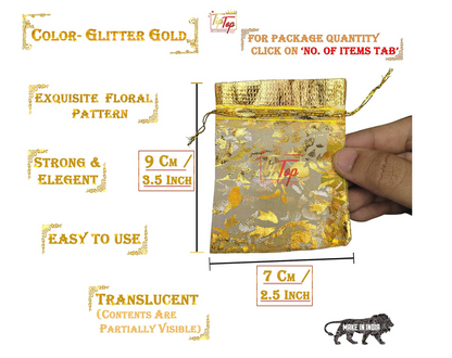 Nikah Return Potlis  (Size 7X9 Cm) (Floral Pattern) (100 Pieces, Saffron Gold) Only Potli