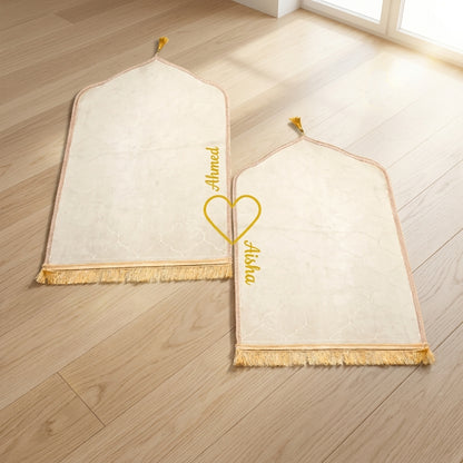 Personalized Couple Prayer Mat Set Off White Velvet Dome Janamaz