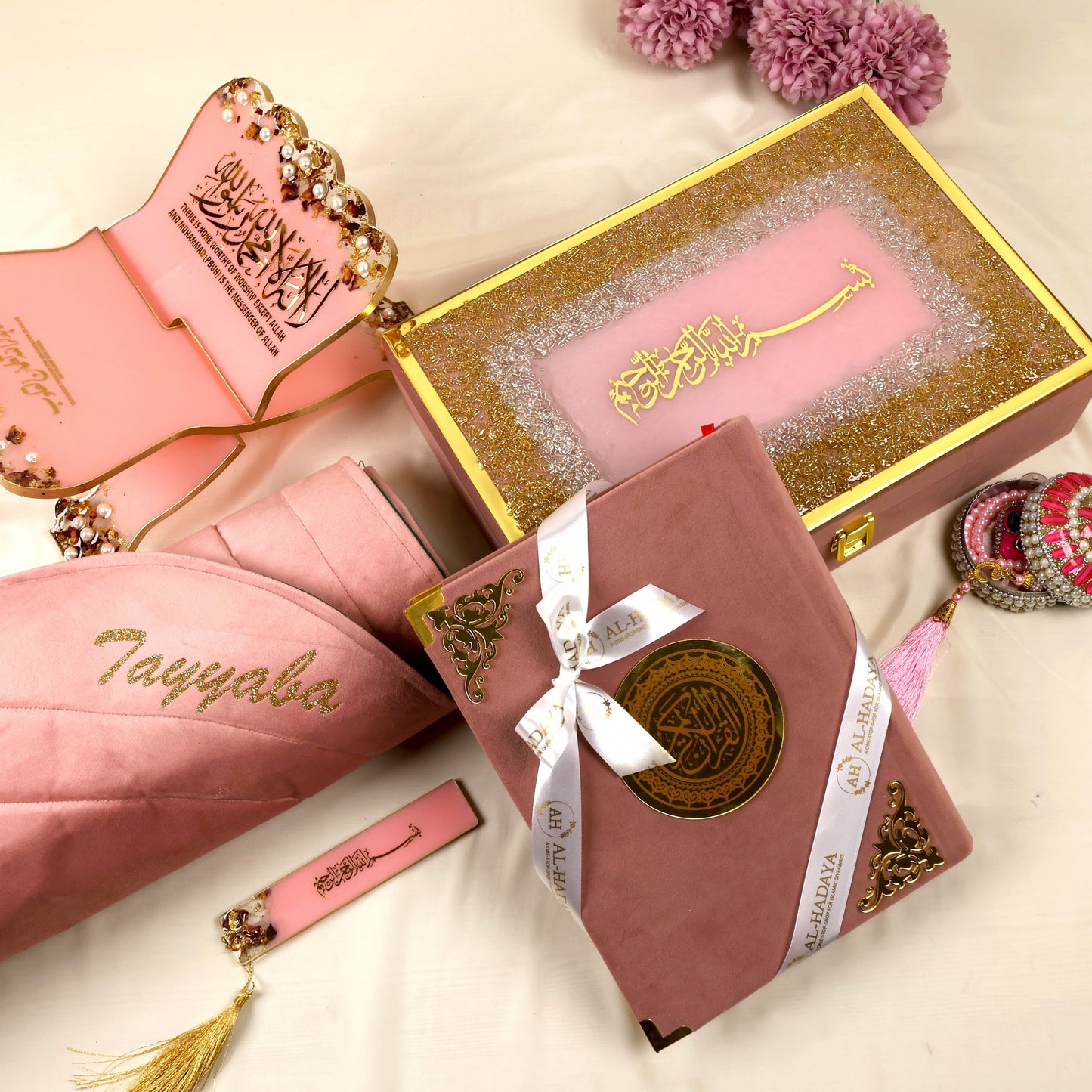 Pastel Pink Quran Gift Set with velvet Quran, resin rehal, tasbih, and prayer mat – Al Hadaya