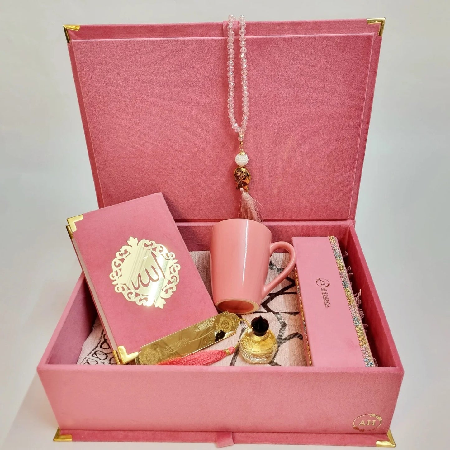 Luxury Islamic gift set for her — pastel pink velvet Quran, Turkish prayer mat, and keepsake box
