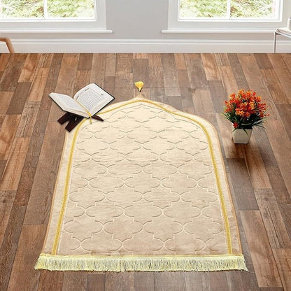 pearl white or off white velvet thick prayer mat with dome pattern and gold lace border, soft and elegant design.