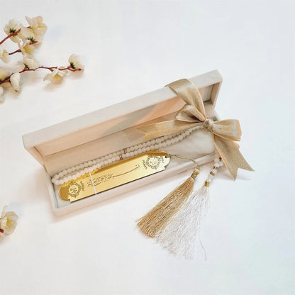 Black Luxe Velvet Box with black crystal tasbih and golden Bismillah bookmark, perfect Muslim favor gift.