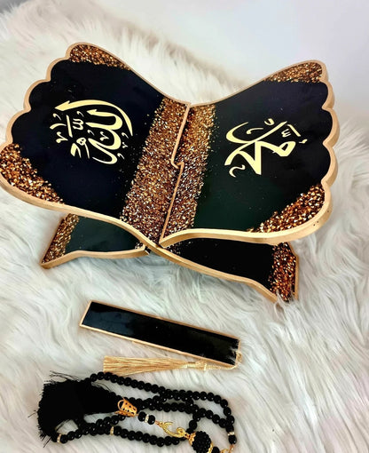 “Personalised black and gold Quran stand with matching bookmark and Turkish tasbeeh by Al-Hadaya”