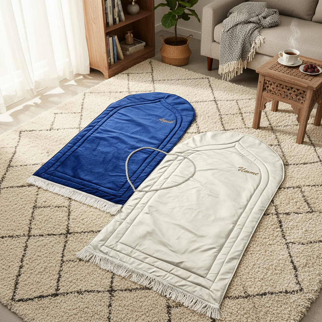 Velvet couple prayer mat set designed for unity and devotion, personalised and comfortable, suitable for Islamic weddings, housewarmings, Ramadan, and Eid gifts