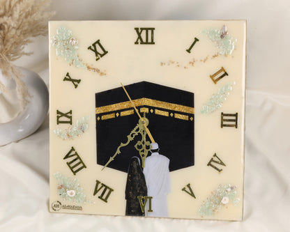 Handmade personalised Kaaba couple wall clock 12x12 inch, resin Islamic art with natural stones, customisable names and dates, perfect Islamic wedding or anniversary gift.