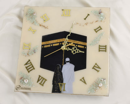 Handmade personalised Kaaba couple wall clock 12x12 inch, resin Islamic art with natural stones, customisable names and dates, perfect Islamic wedding or anniversary gift.