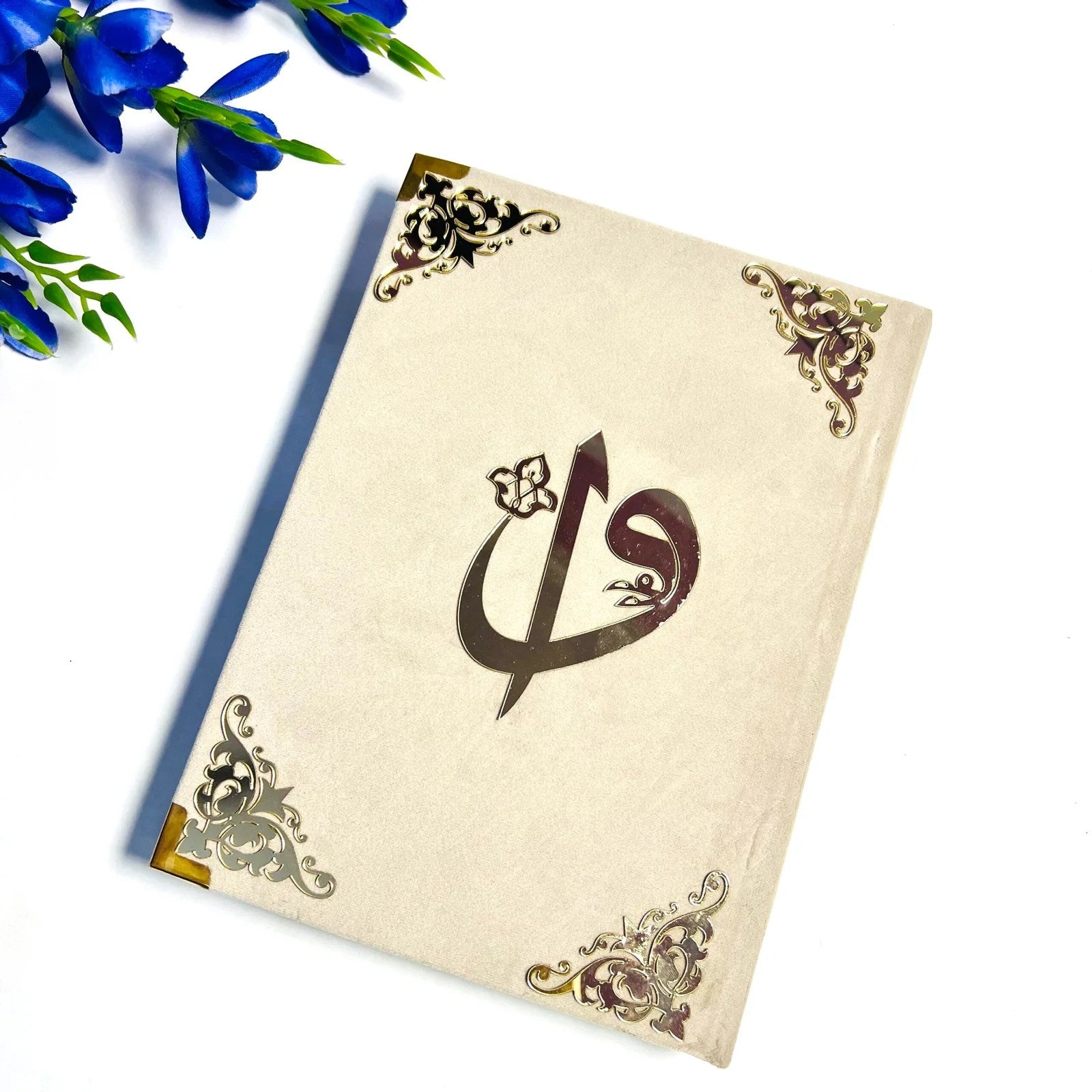 customised pearl white velvet Quran