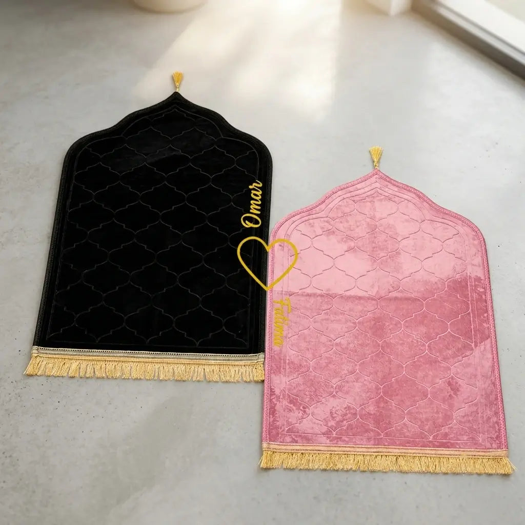 Personalized Black and Pink Velvet Couple Prayer Mat Set with Gold Calligraphy