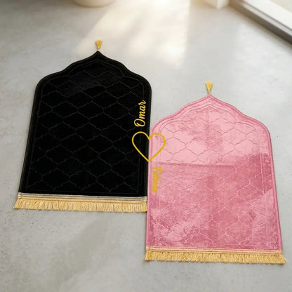 Personalized Black and Pink Velvet Couple Prayer Mat Set with Gold Calligraphy