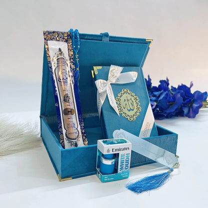 Royal turquoise velvet Quran gift box with matching prayer beads and halal perfume.