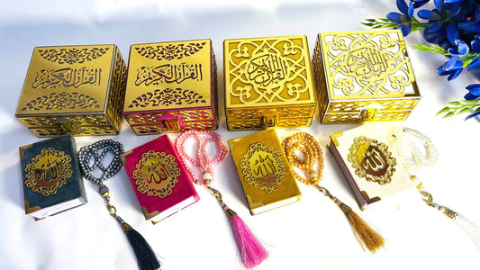 Mini Quran and pearl tasbih set in velvet box – perfect Islamic favor gift.
