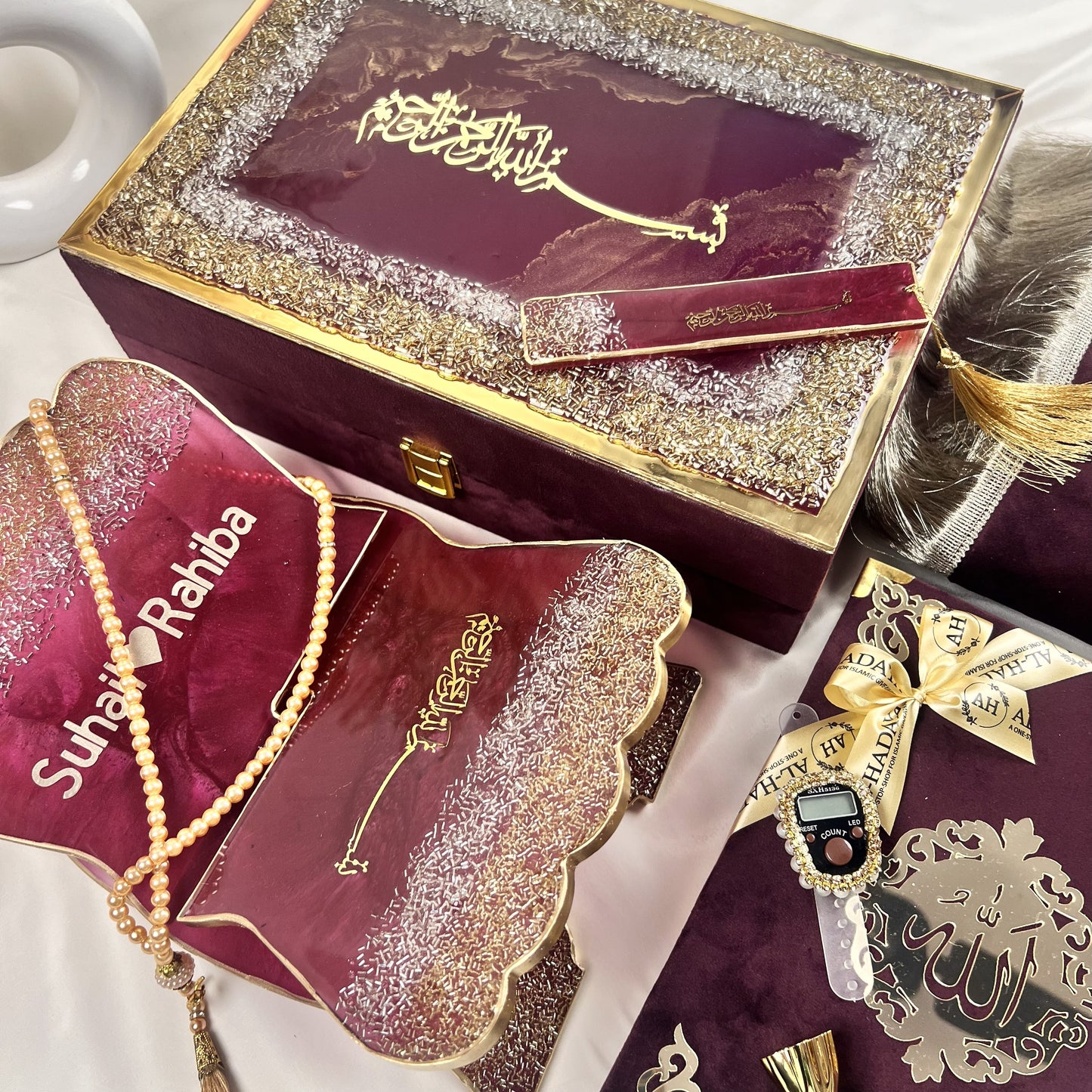 Barkat-e-Jariyah Quran set in rich wine color with matching tasbih and rehal.