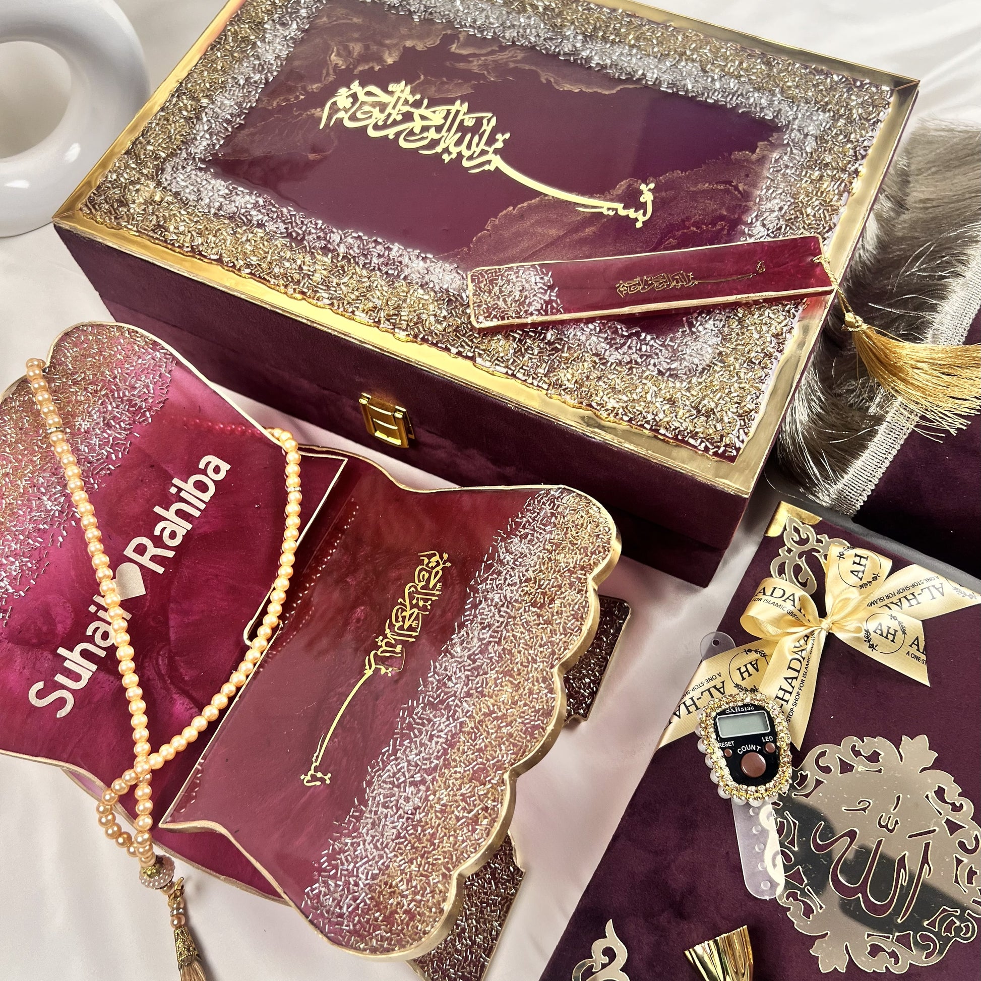 Barkat-e-Jariyah Quran set in rich wine color with matching tasbih and rehal.