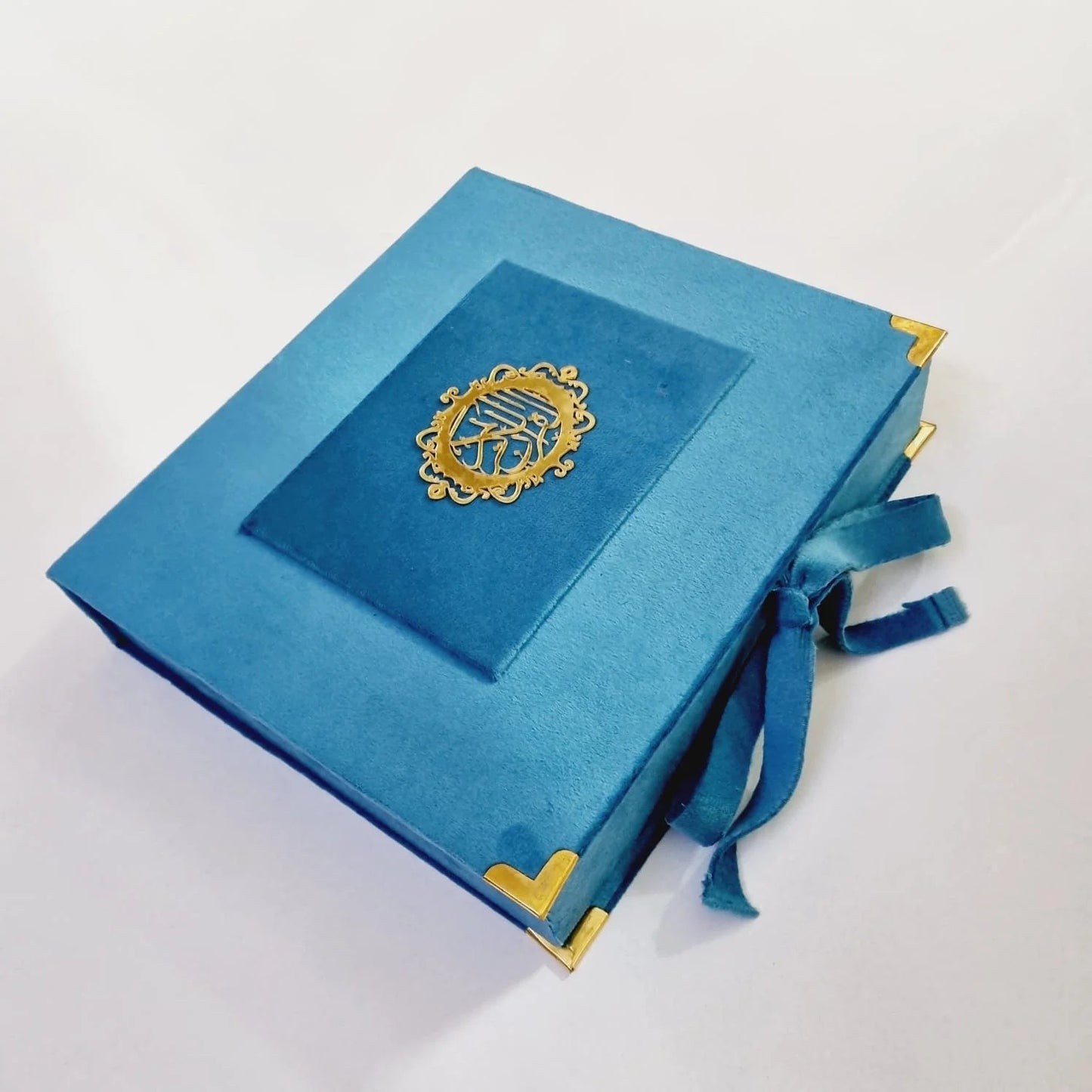 Personalized Quran gift set box for men featuring velvet Quran and Bismillah bookmark.