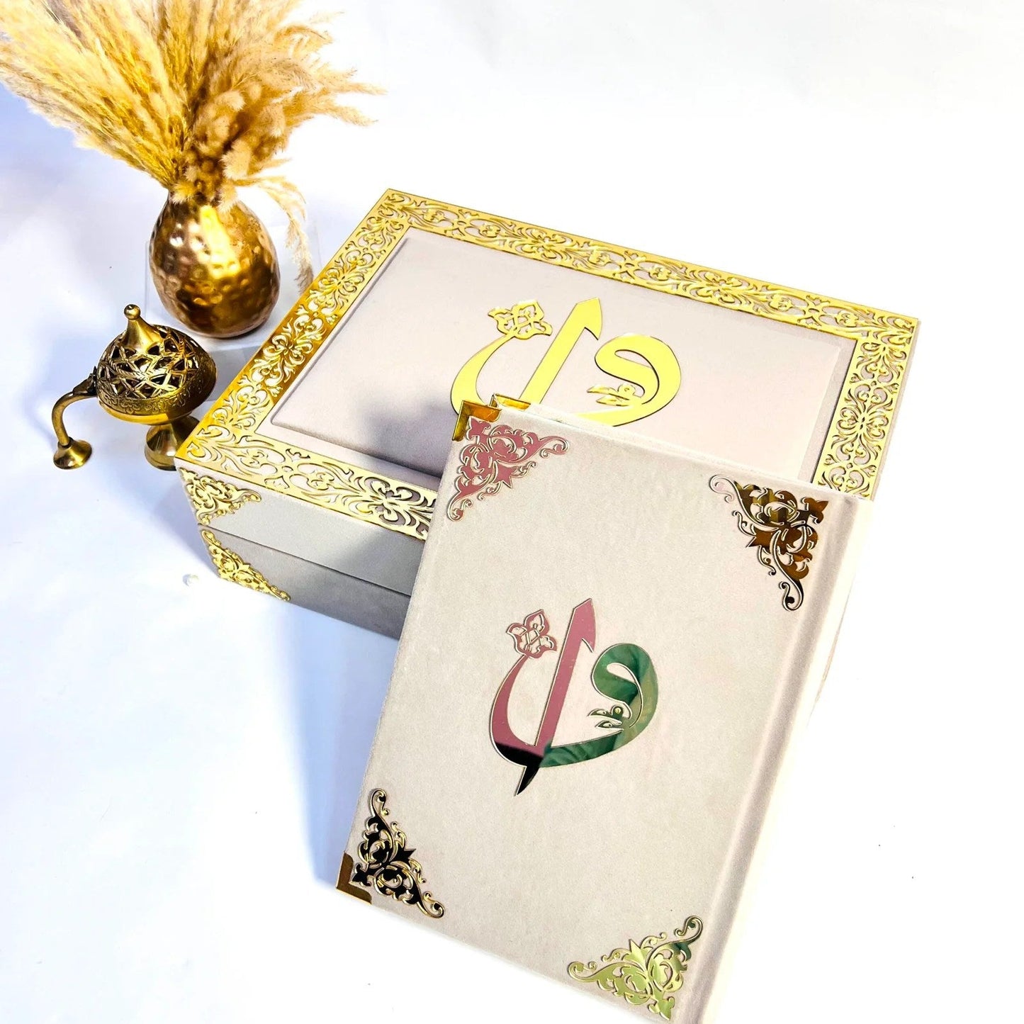 Personalized Hubb Al-Iman Quran hamper with luxury velvet box, rainbow Quran, tasbih, attar and Islamic prayer essentials for special occasions